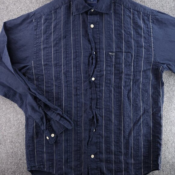 Faconnable Striped Small Linen Blue Shirt Mens Button Up Long Sleeve Pocket - Picture 2 of 14